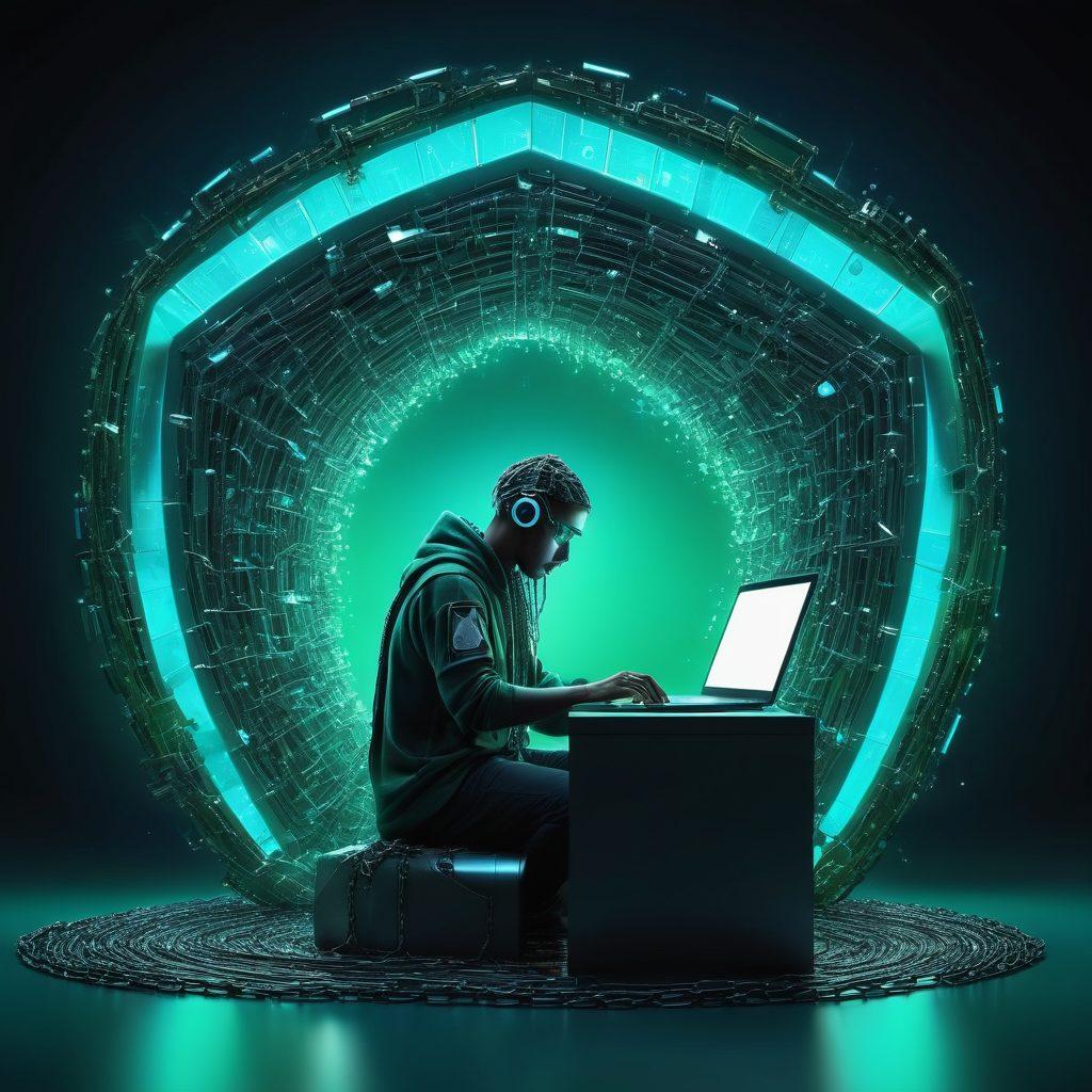 A person sitting at a computer, surrounded by digital locks and chains breaking apart, symbolizing the liberation from online restrictions. A glowing shield around them represents privacy protection, with vibrant colors of blue and green radiating outward. Abstract elements like encrypted codes and virtual barriers dissolve in the background. futuristic style. vibrant colors. super-realistic.