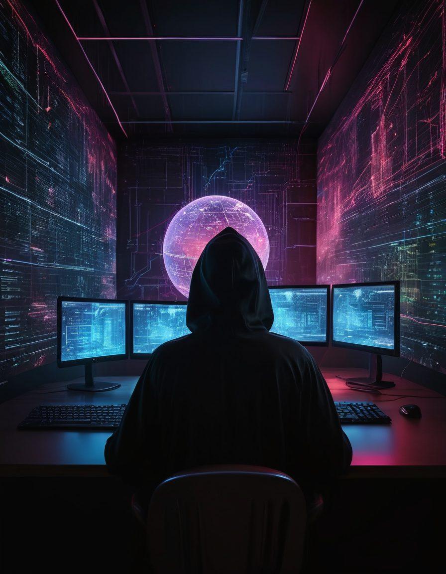A mysterious figure wearing a hooded cloak sits in front of multiple screens displaying abstract data streams and a digital globe, symbolizing anonymous browsing. Shadows loom around the room, highlighting the importance of privacy and secure navigation. Incorporate elements of a dark web interface and a sense of surveillance in the background. dark and moody atmosphere. cyberpunk. vibrant neon colors.