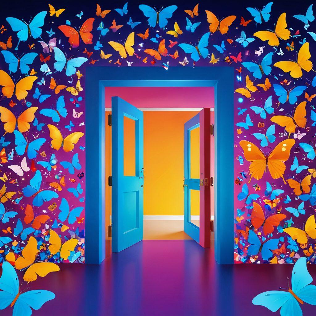 A digital landscape representing a boundless Internet, featuring an open doorway made of code, leading to a vibrant and limitless expanse. Include whimsical icons of various digital tools and symbols of freedom like butterflies or wings in the foreground. Use vibrant colors to evoke a sense of adventure and exploration. Illustrate a diverse group of people joyfully navigating this digital space. surreal. vibrant colors. 3D.